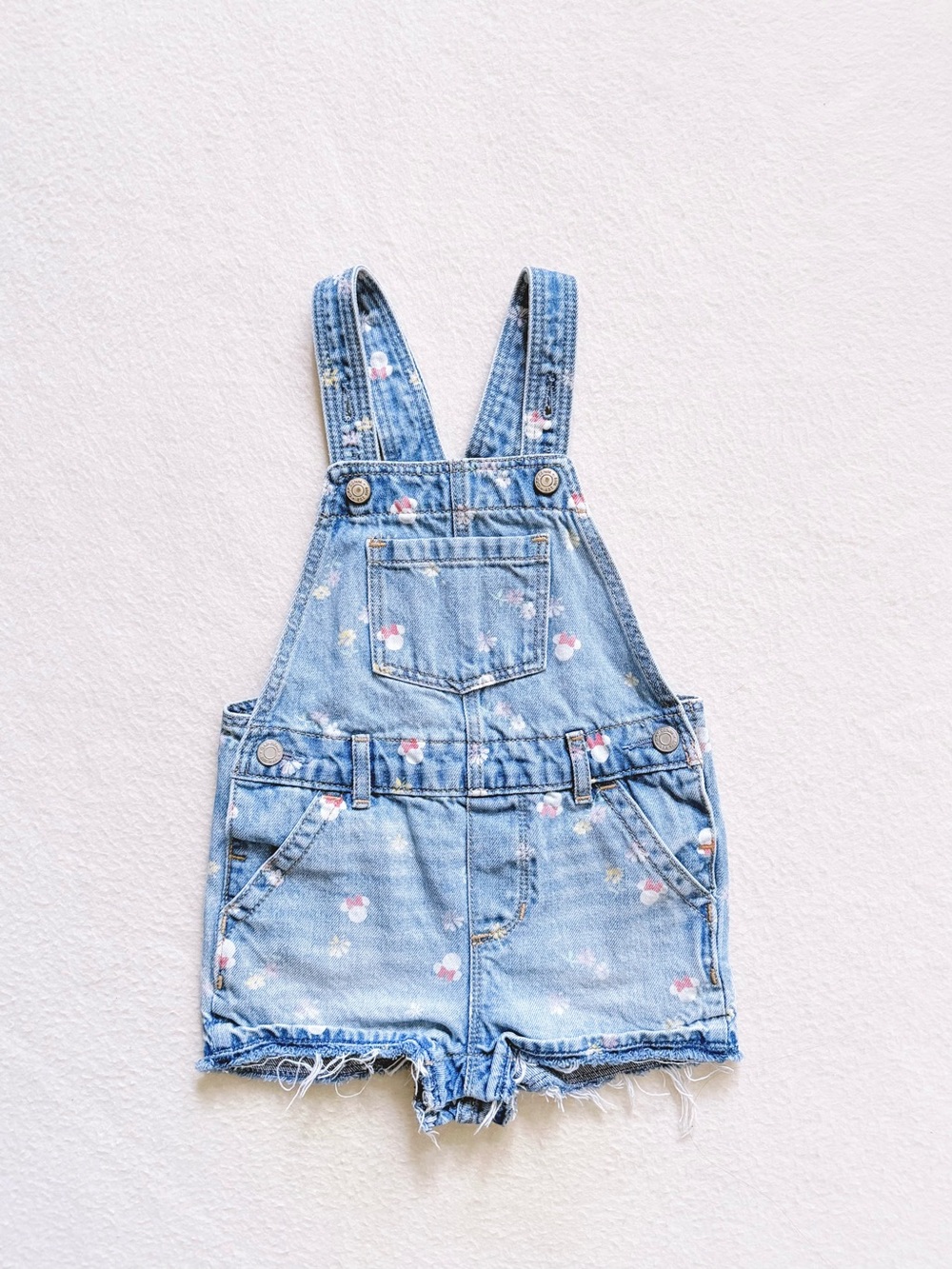 Baby Gap Disney Minnie Mouse Floral Denim Shortalls Overalls Raw Hem Cotton 3T